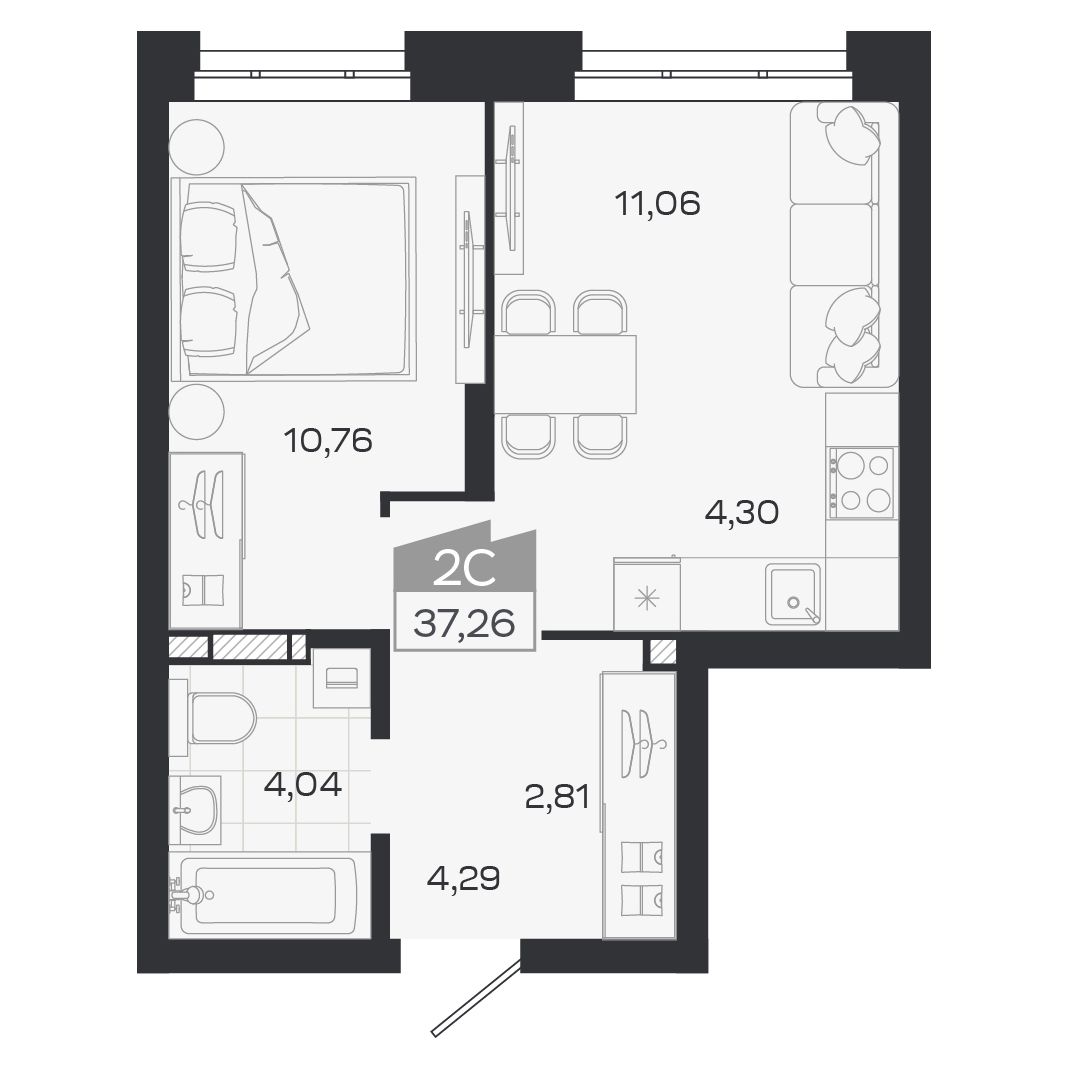Планировка: Евро-2, 37,26 м²
