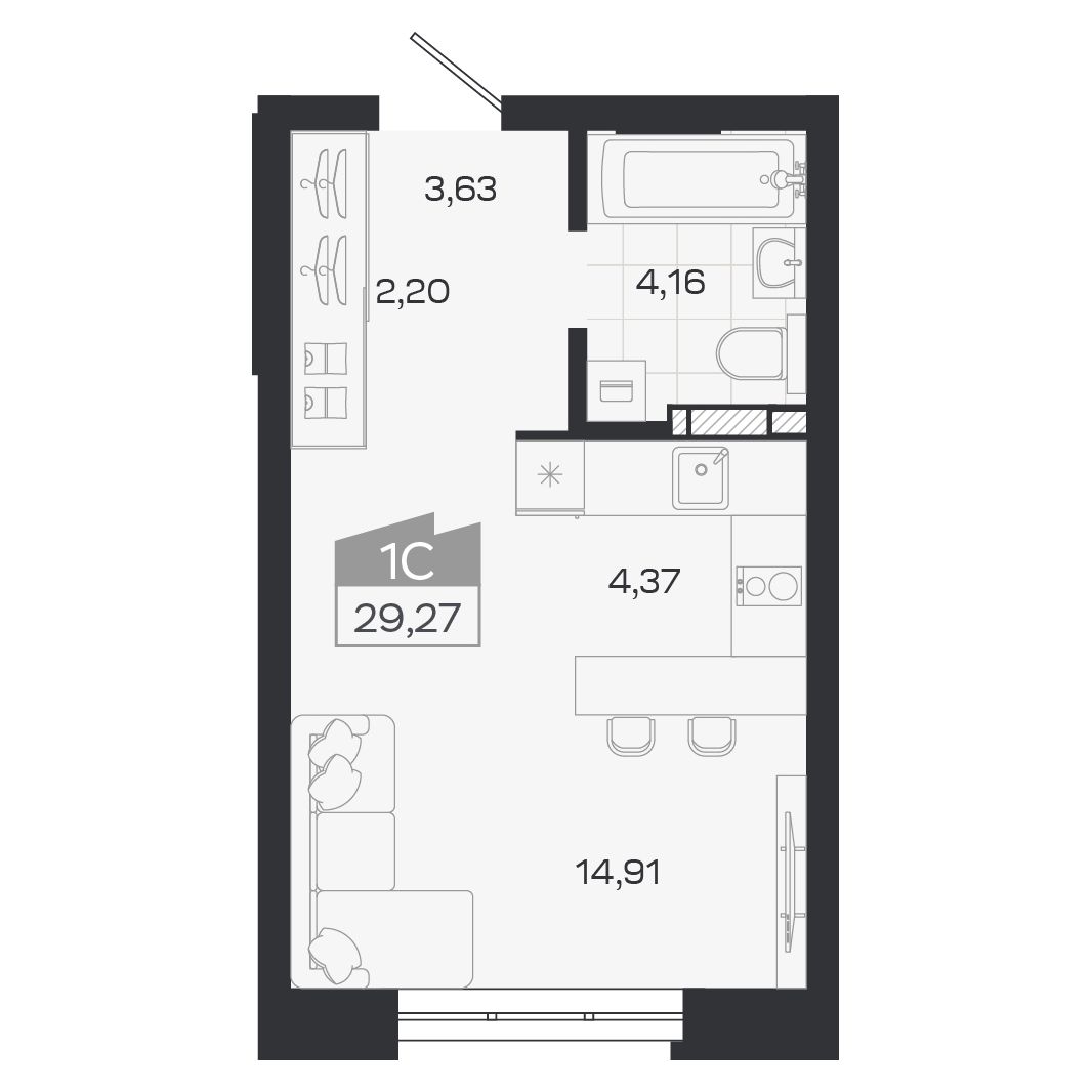 Планировка: Евро-1, 29,27 м²
