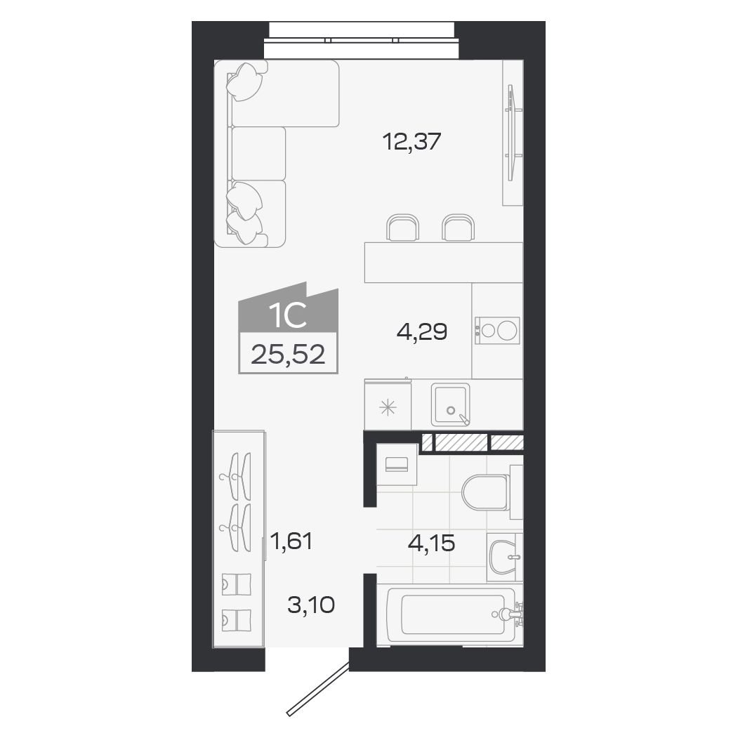 Планировка: Евро-1, 25,52 м²