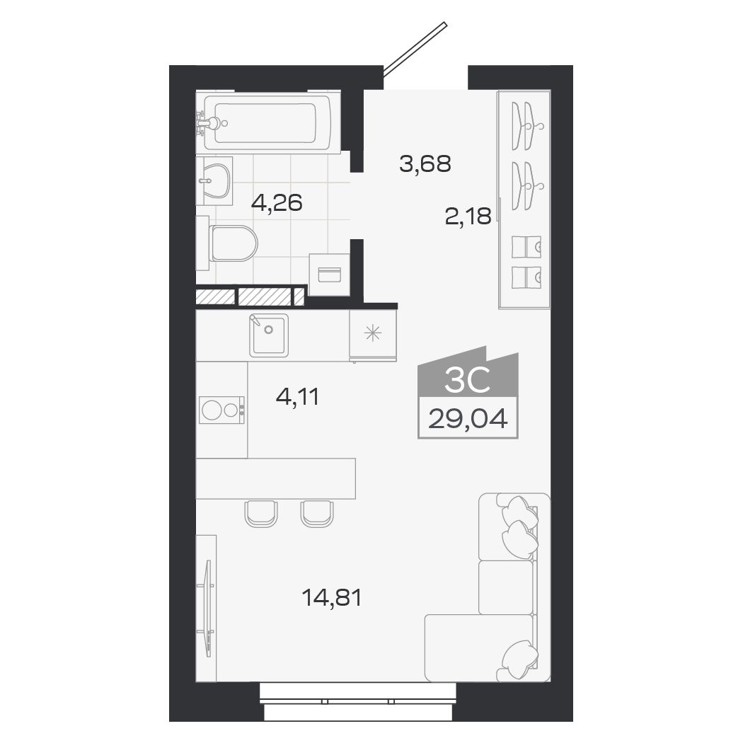 Планировка: Евро-1, 29,04 м²
