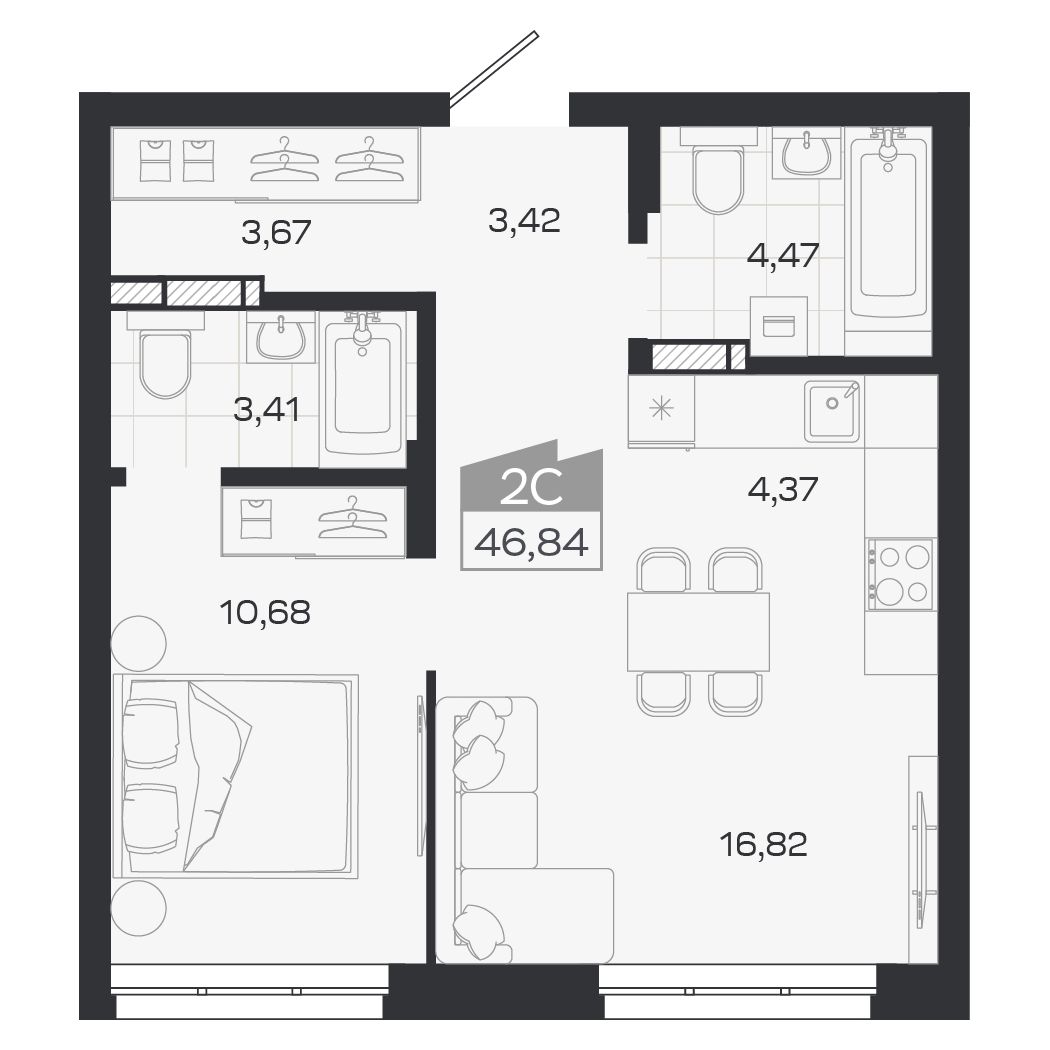 Планировка: Евро-2, 46,84 м²