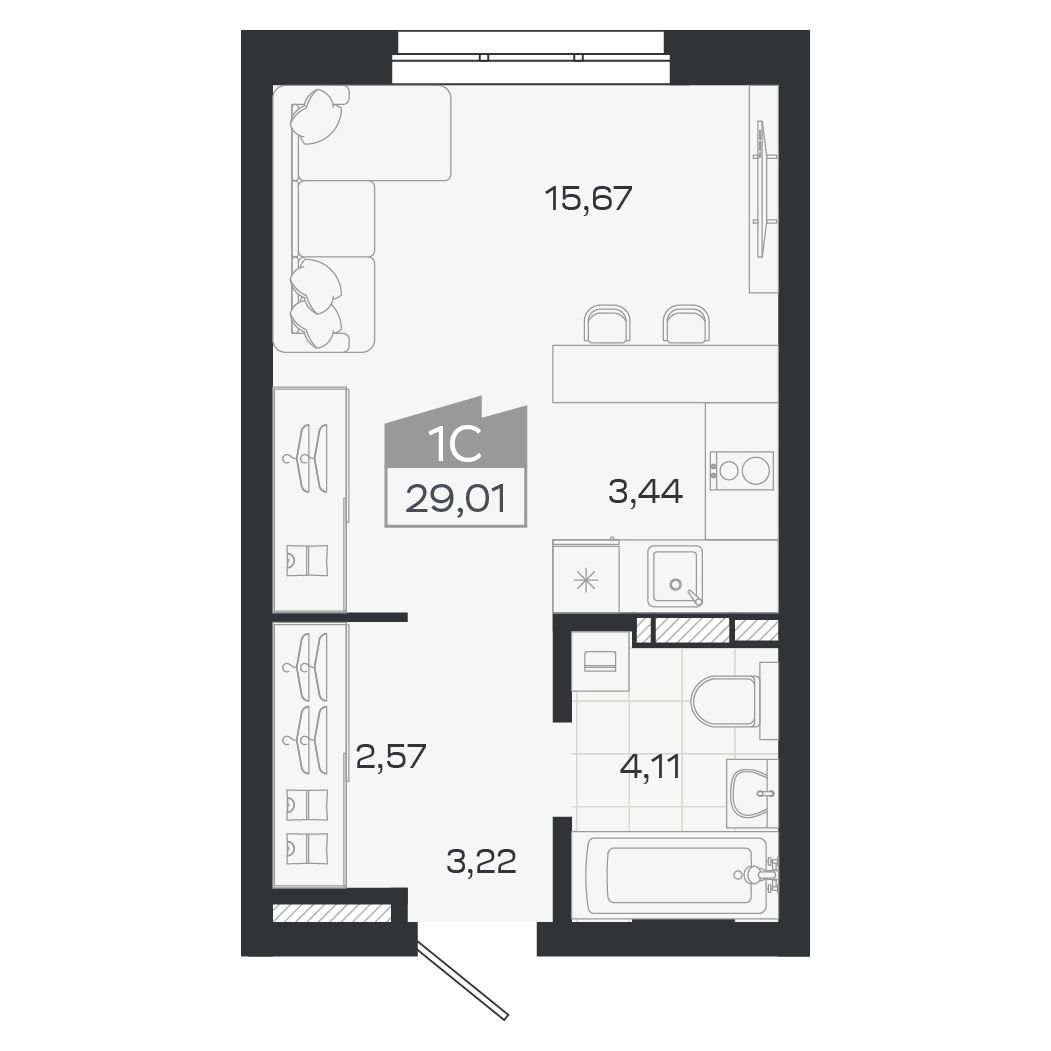 Планировка: Евро-1, 29,01 м²