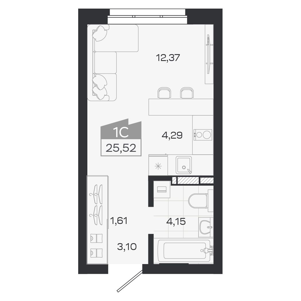 Планировка: Евро-1, 25,52 м²