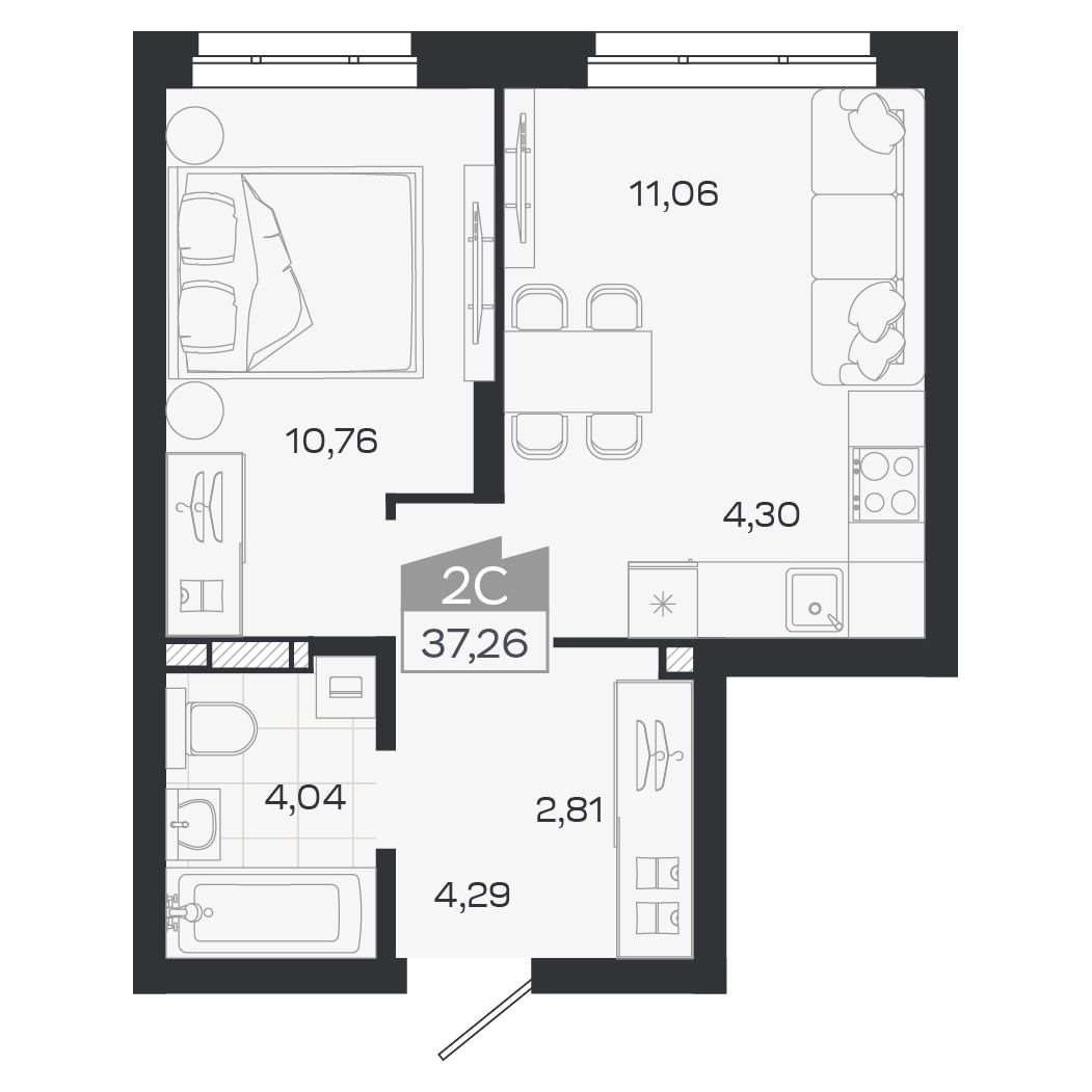 Планировка: Евро-2, 37,26 м²