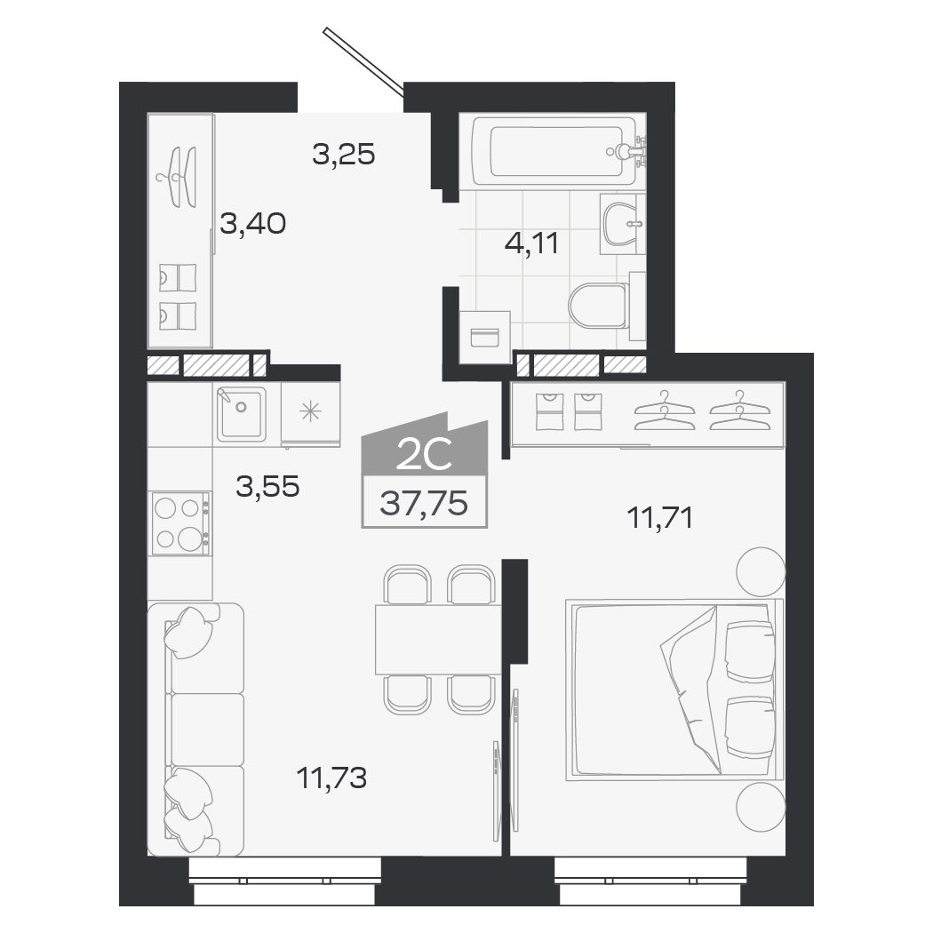 Планировка: Евро-2, 37,75 м²