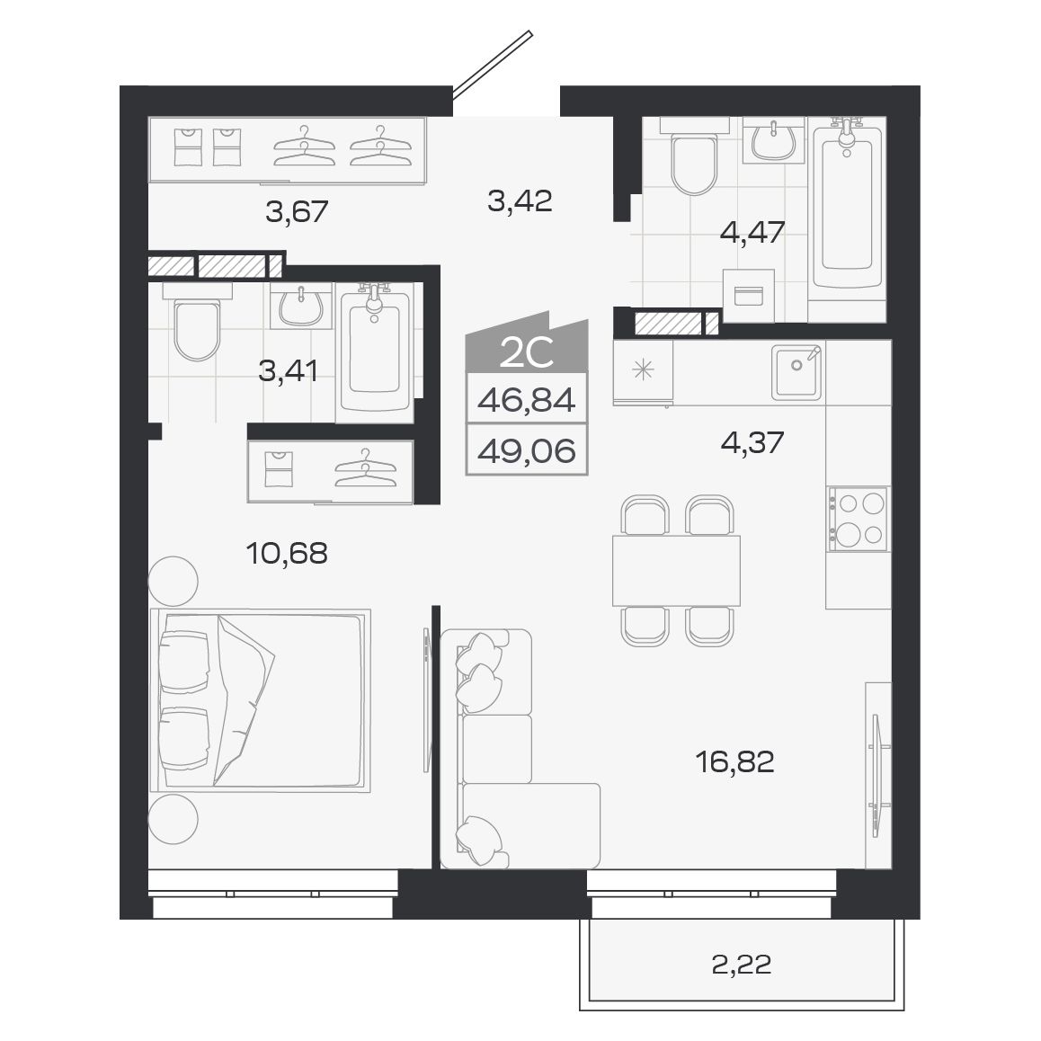 Планировка: Евро-2, 46,84 м²