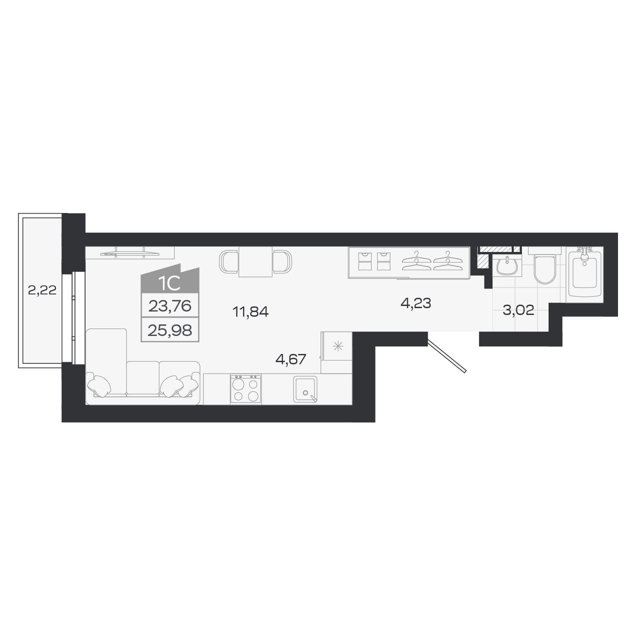 Планировка: Евро-1, 23,76 м²