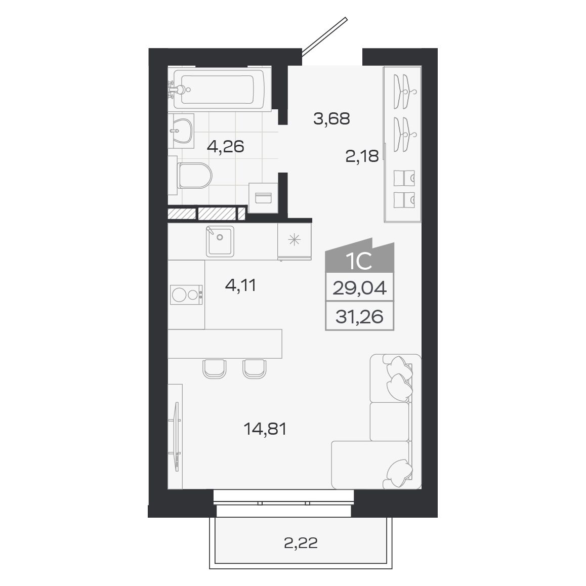 Планировка: Евро-1, 29,04 м²