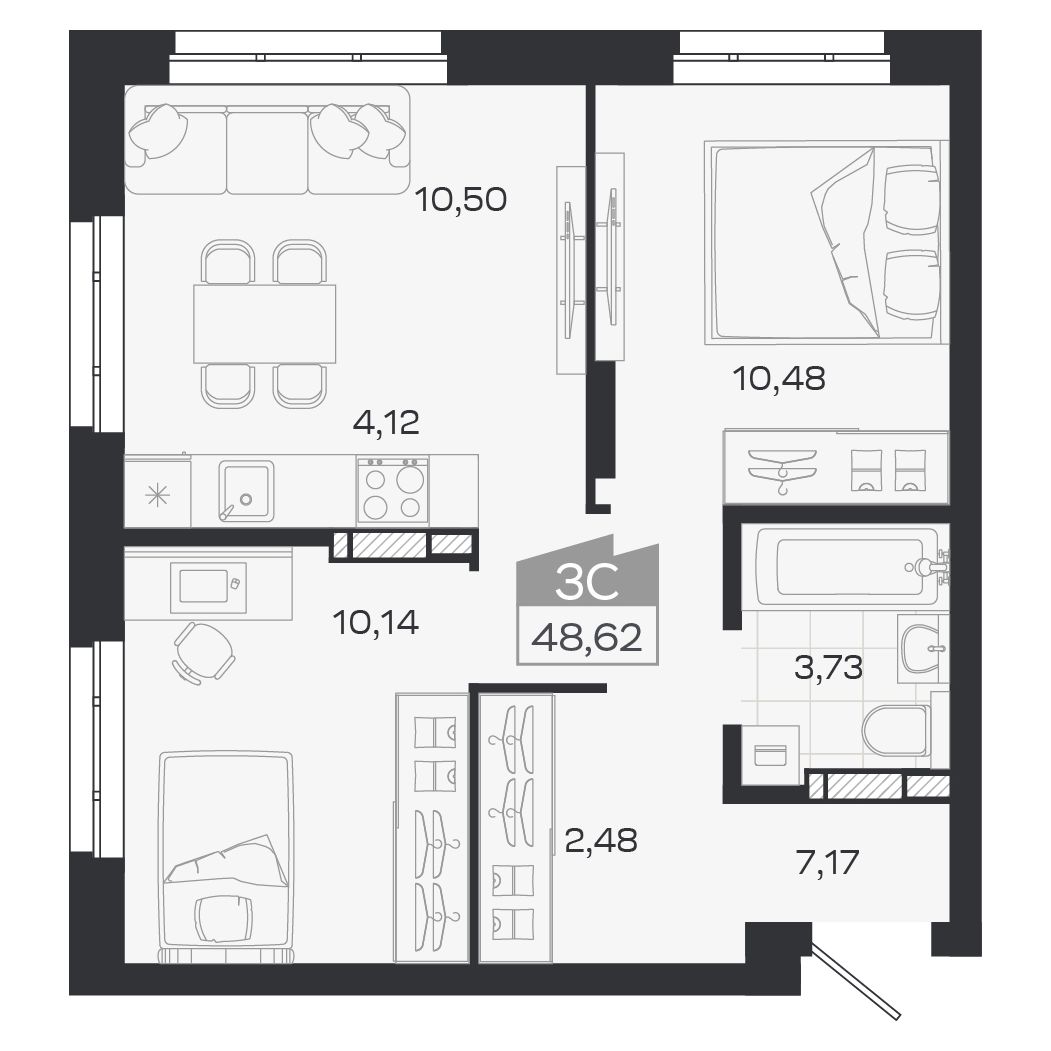 Планировка: Евро-3, 48,62 м²