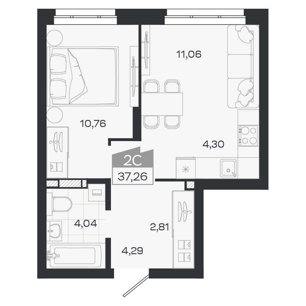 Планировка: Евро-2, 37,26 м²