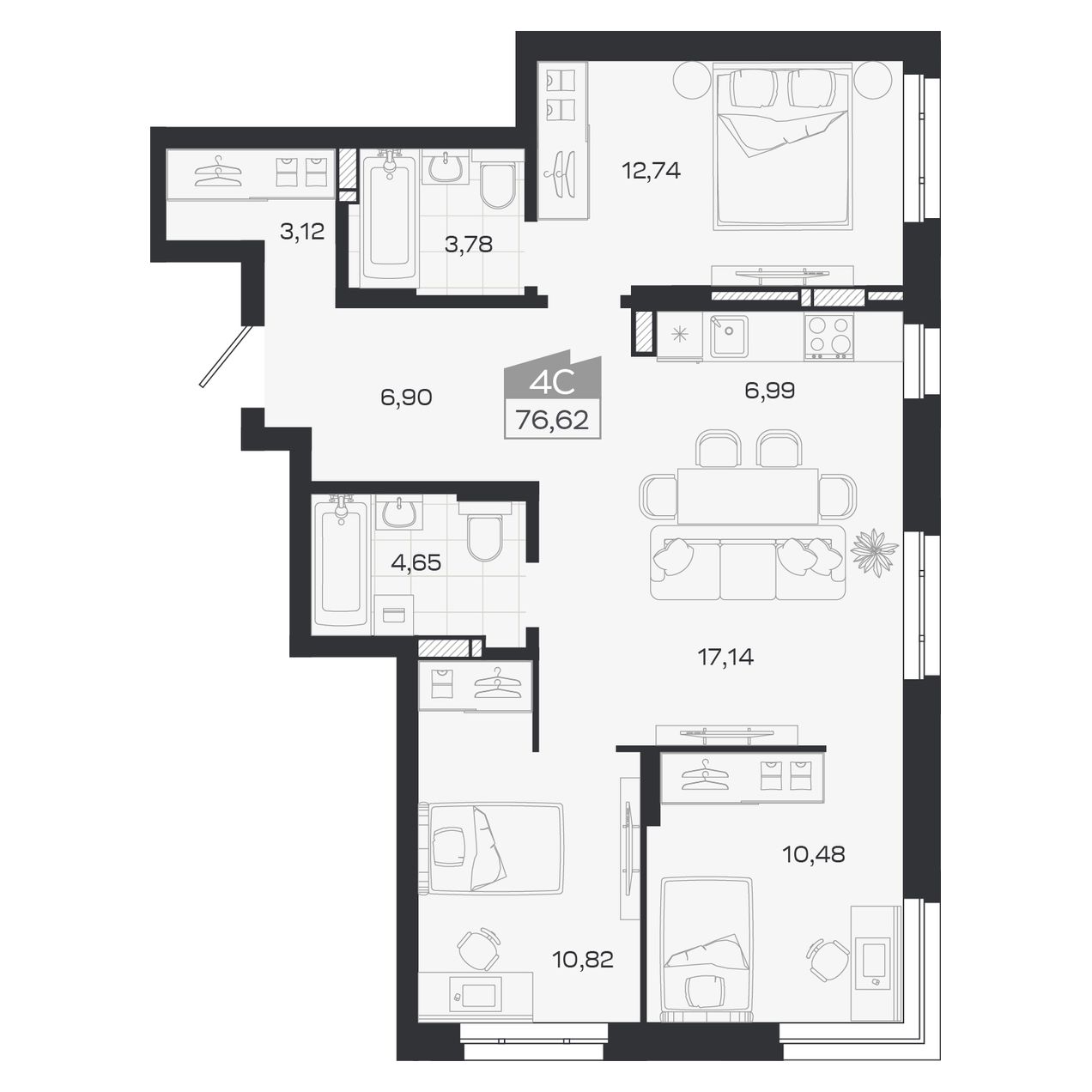Планировка: Евро-4, 76,62 м²