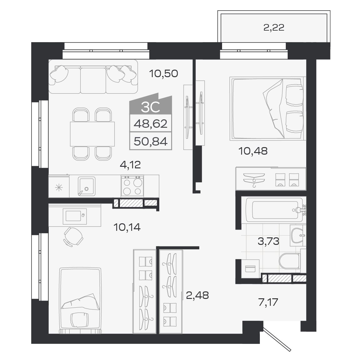 Планировка: Евро-3, 48,62 м²