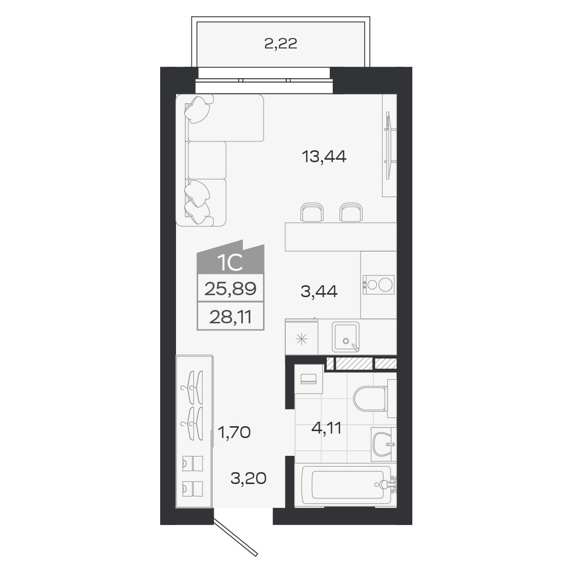 Планировка: Евро-1, 25,89 м²