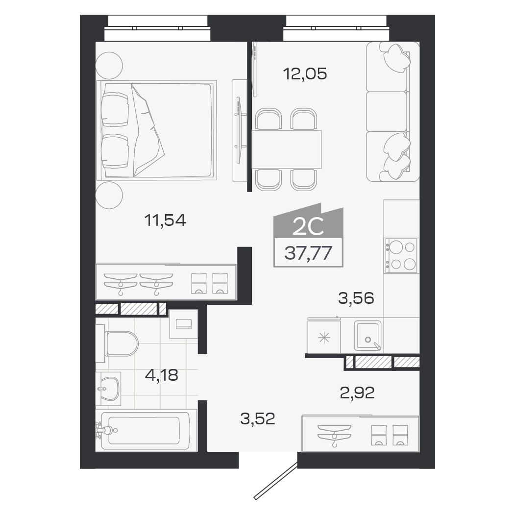 Планировка: Евро-2, 37,77 м²