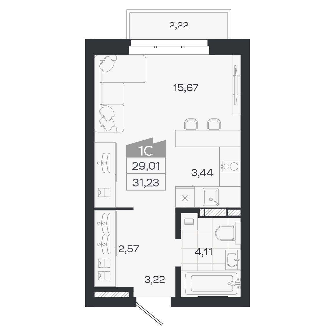 Планировка: Евро-1, 29,01 м²