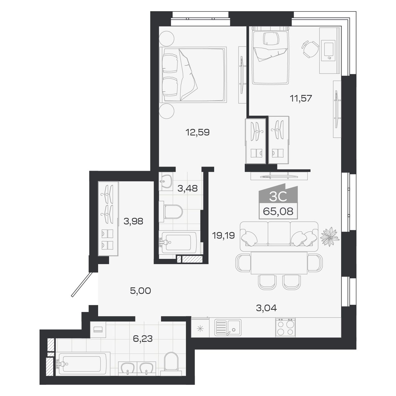 Планировка: Евро-3, 65,08 м²