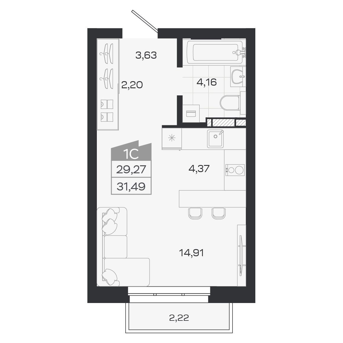 Планировка: Евро-1, 29,27 м²