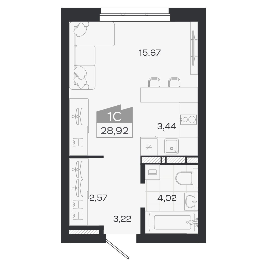 Планировка: Евро-1, 28,92 м²