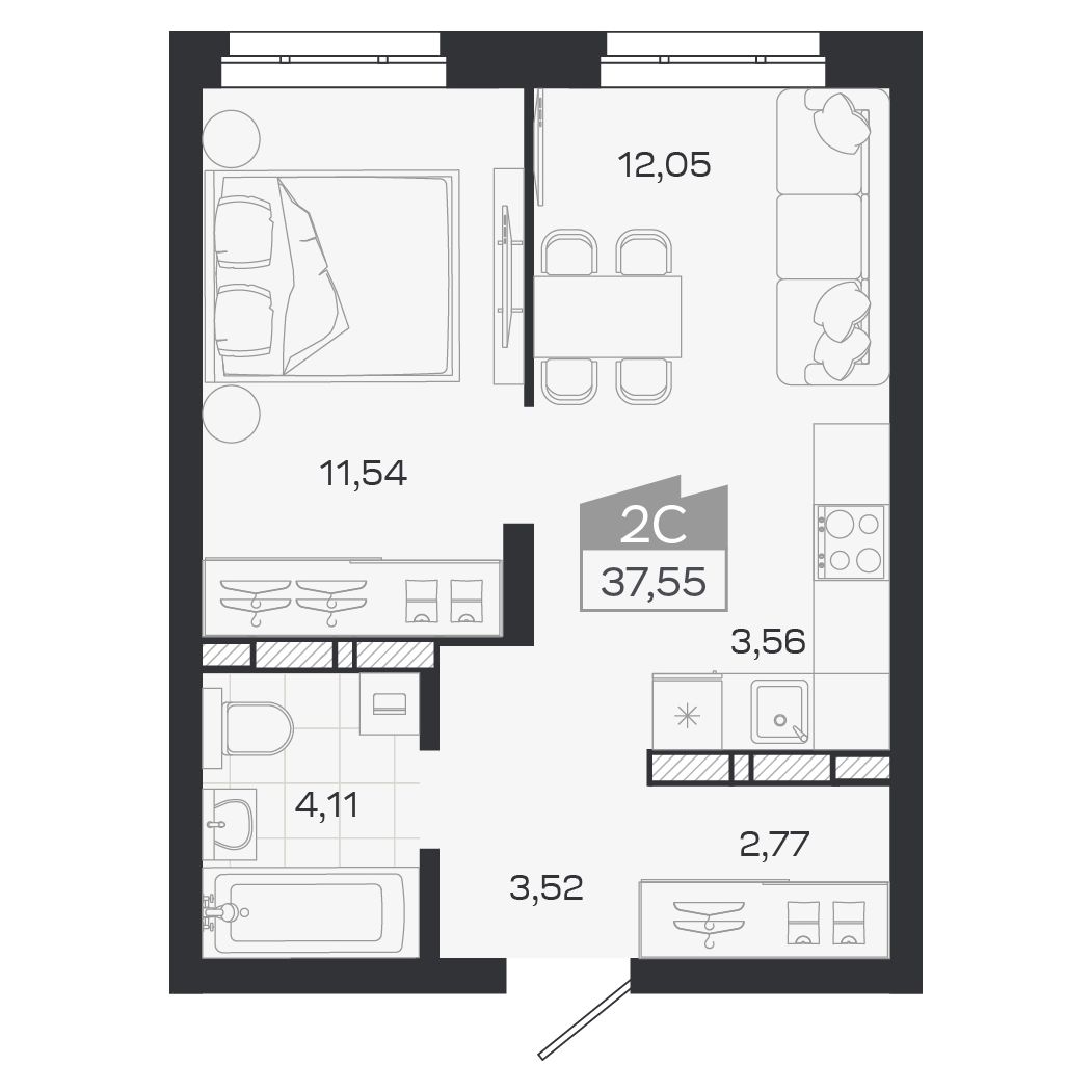 Планировка: Евро-2, 37,55 м²