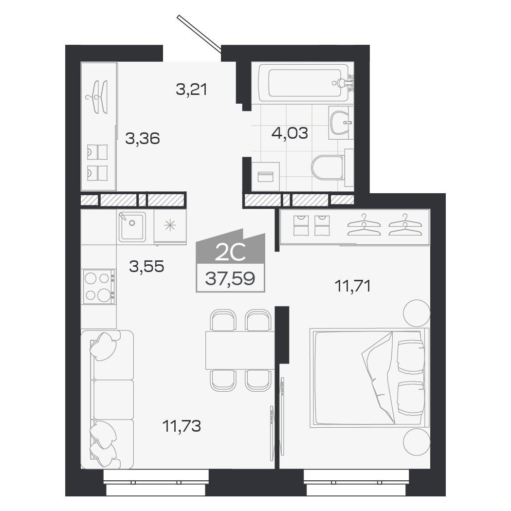 Планировка: Евро-2, 37,59 м²