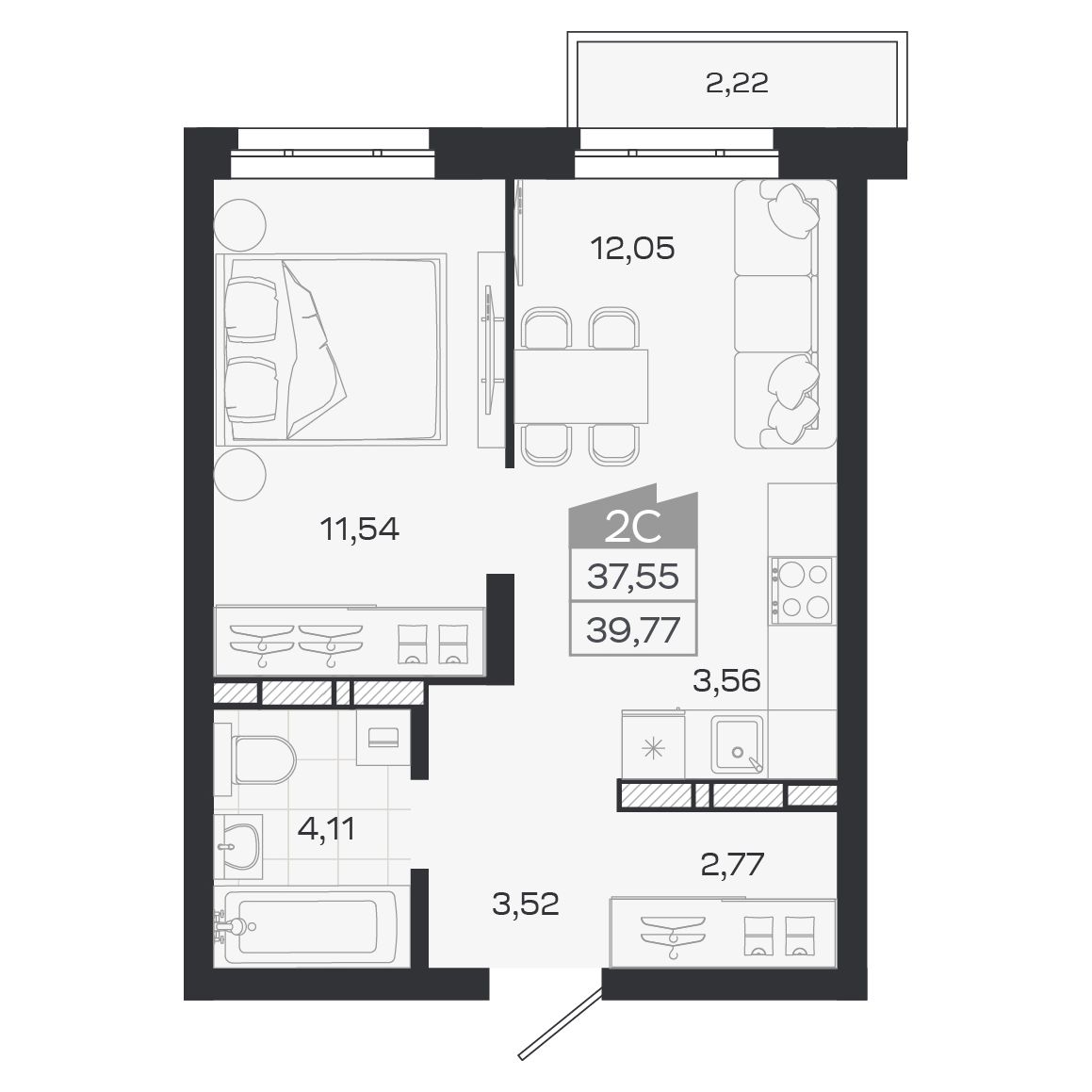 Планировка: Евро-2, 37,55 м²