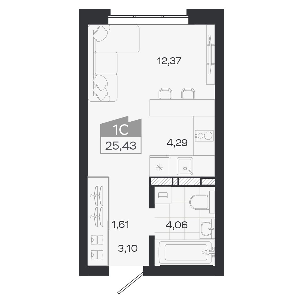 Планировка: Евро-1, 25,43 м²