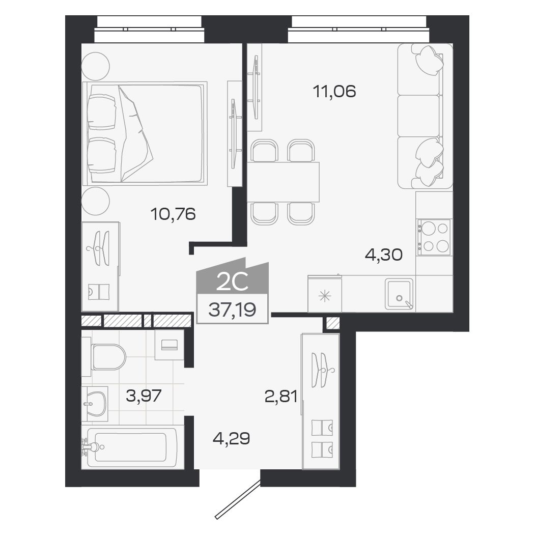 Планировка: Евро-2, 37,19 м²