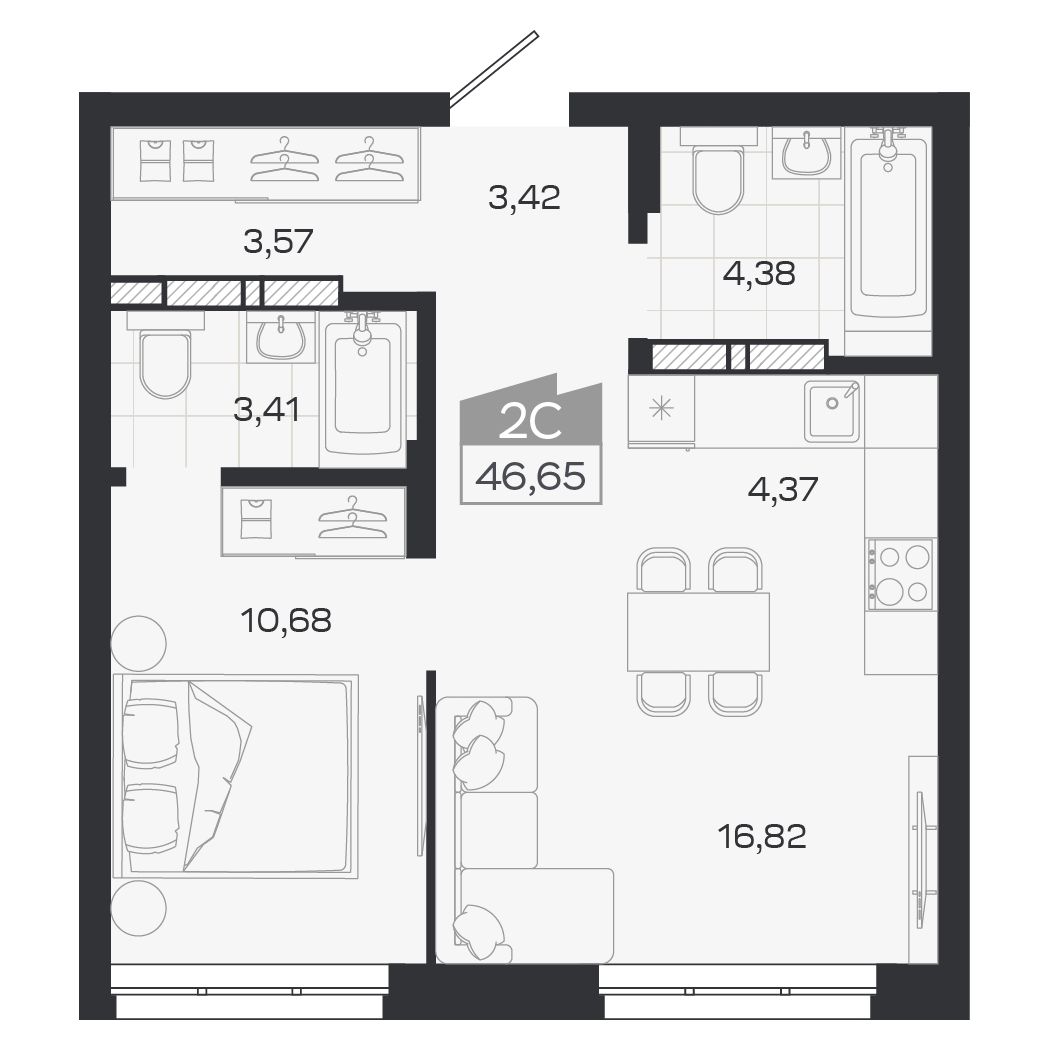 Планировка: Евро-2, 46,65 м²