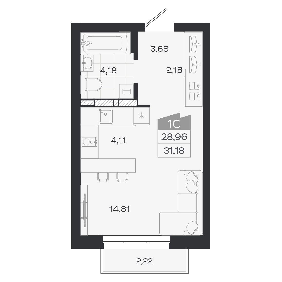 Планировка: Евро-1, 28,96 м²