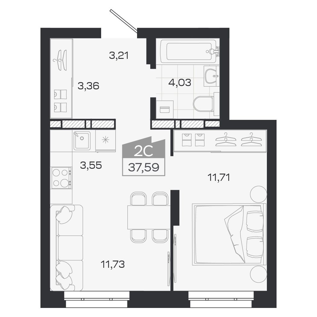 Планировка: Евро-2, 37,59 м²