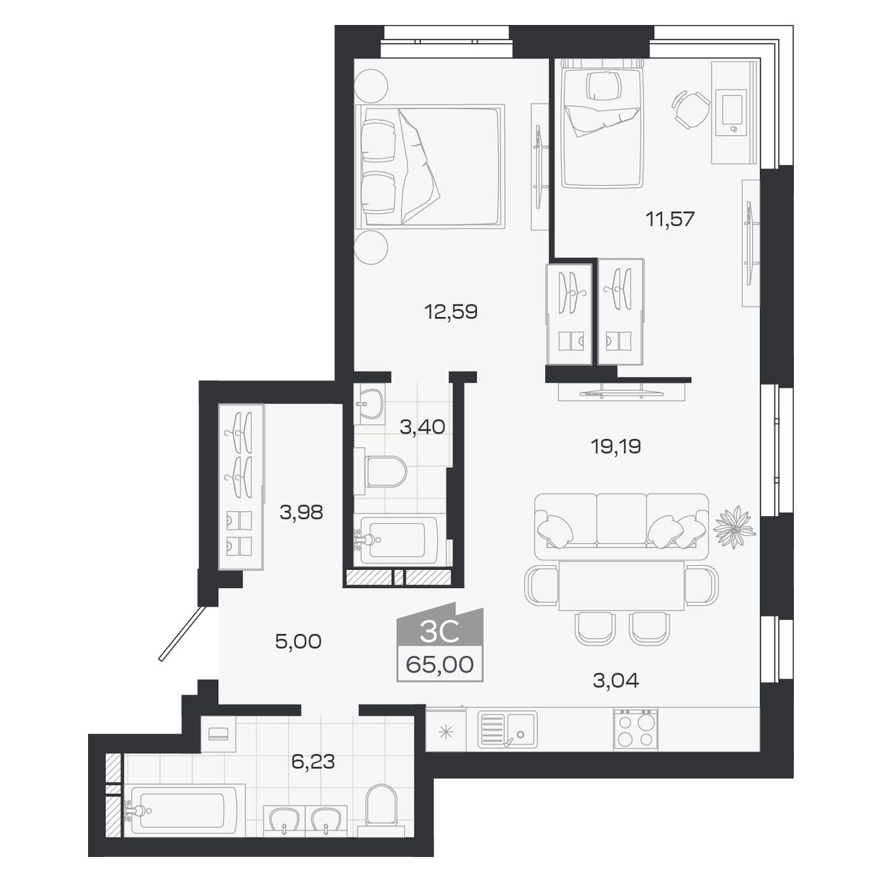 Планировка: Евро-3, 65 м²