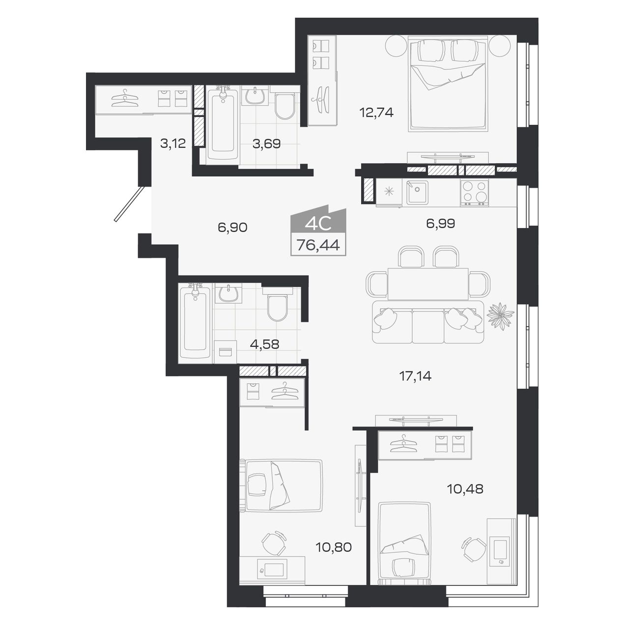 Планировка: Евро-4, 76,44 м²