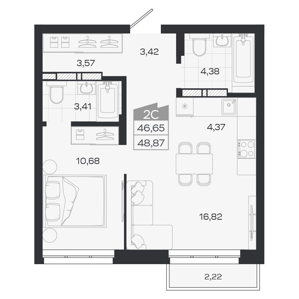 Планировка: Евро-2, 46,65 м²