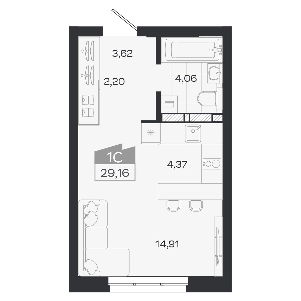 Планировка: Евро-1, 29,16 м²
