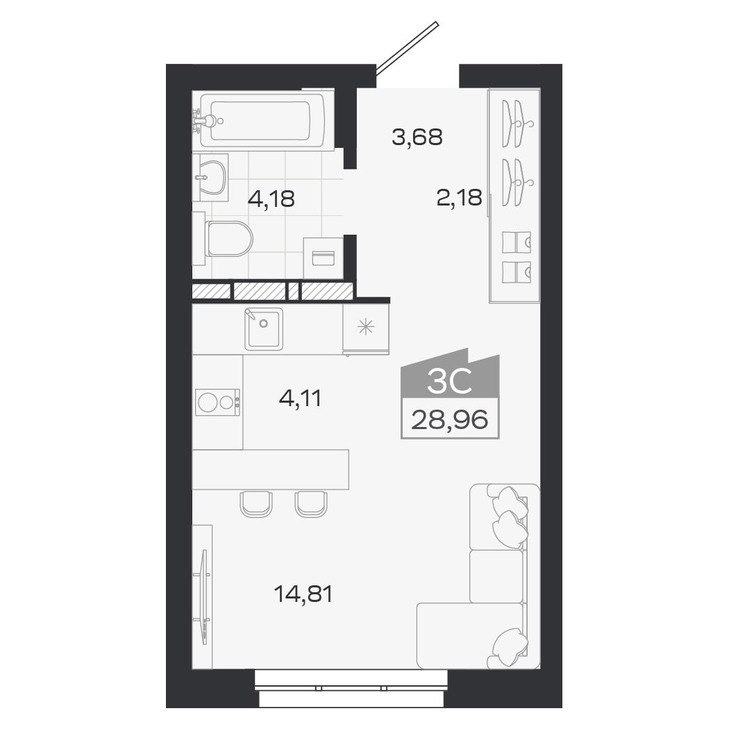 Планировка: Евро-1, 28,96 м²