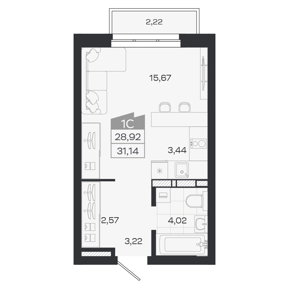 Планировка: Евро-1, 28,92 м²
