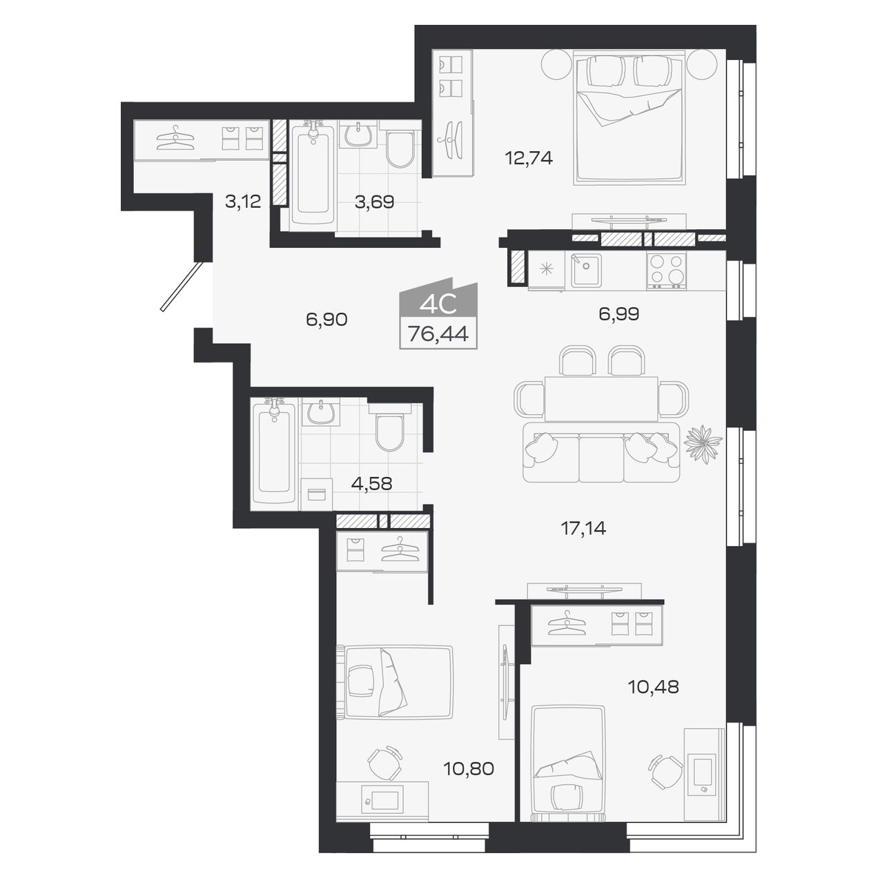 Планировка: Евро-4, 76,44 м²