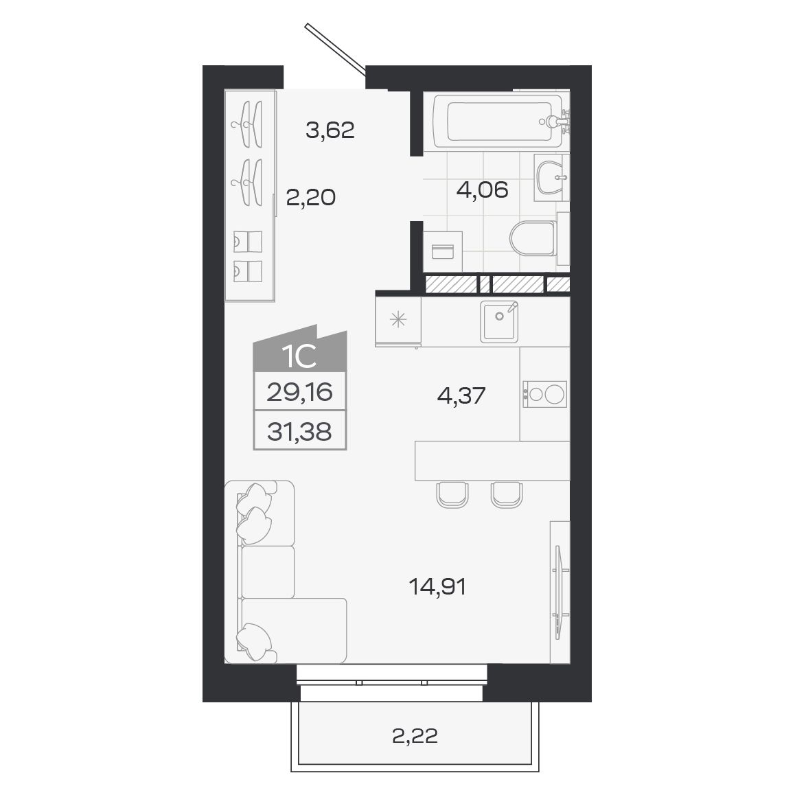 Планировка: Евро-1, 29,16 м²