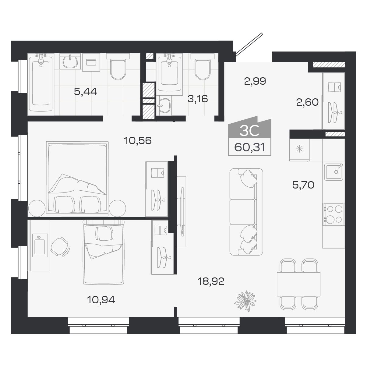 Планировка: Евро-3, 60,31 м²