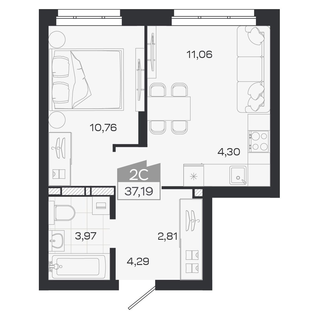 Планировка: Евро-2, 37,19 м²