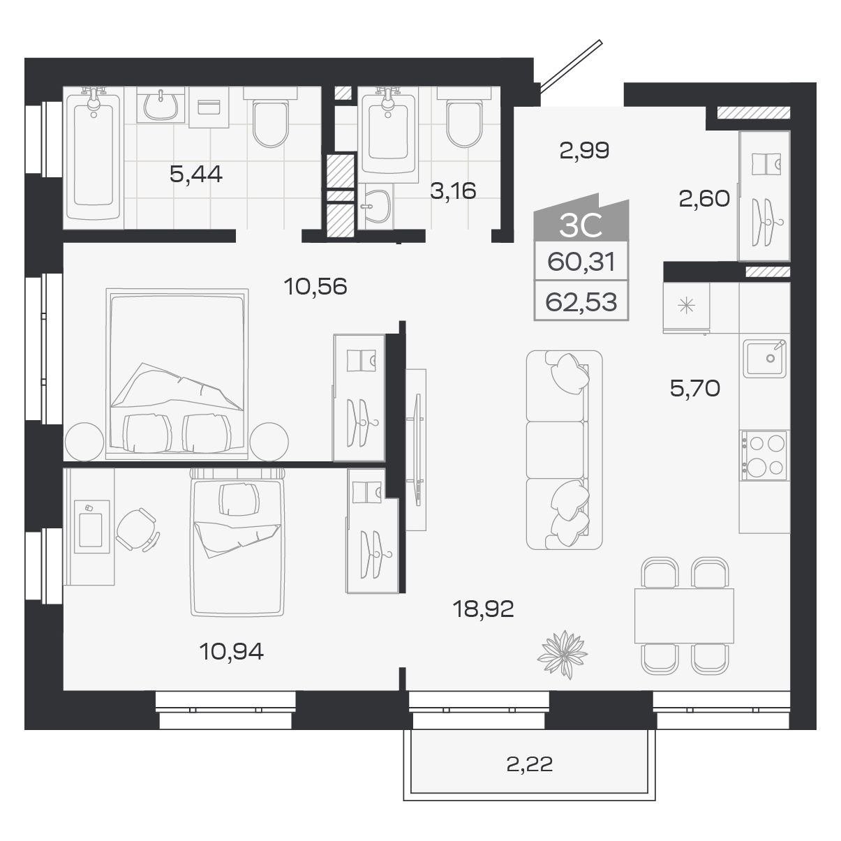 Планировка: Евро-3, 60,31 м²