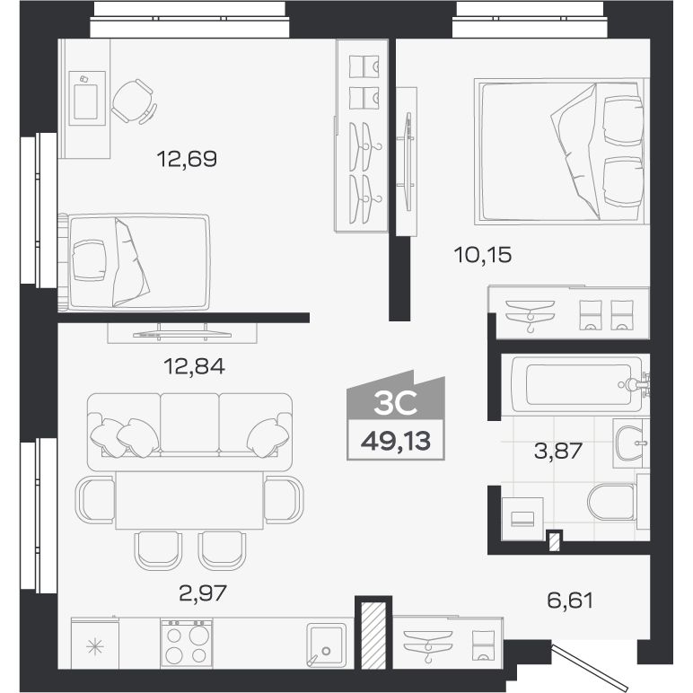 Планировка: Евро-3, 49,13 м²