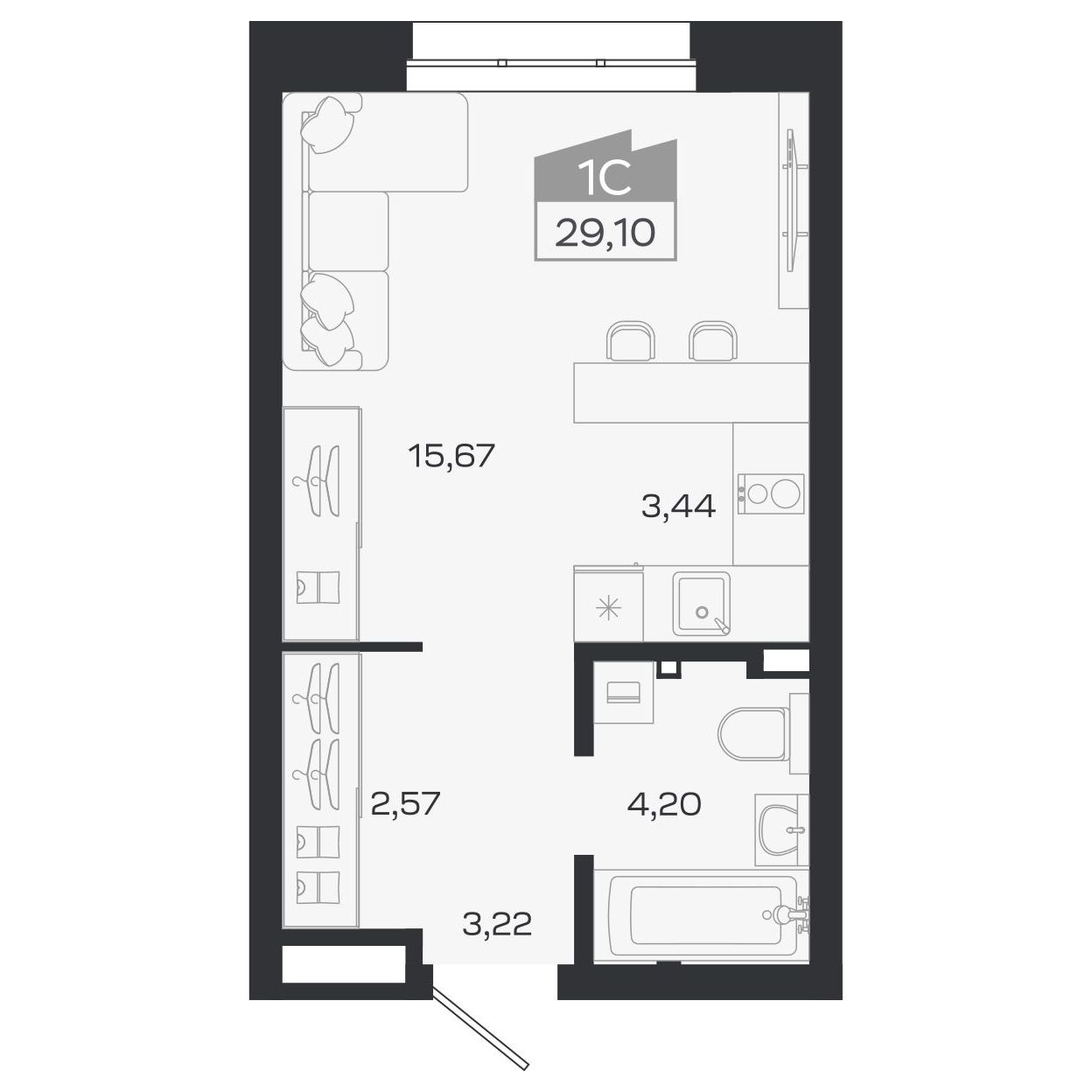 Планировка: Евро-1, 29,5 м²