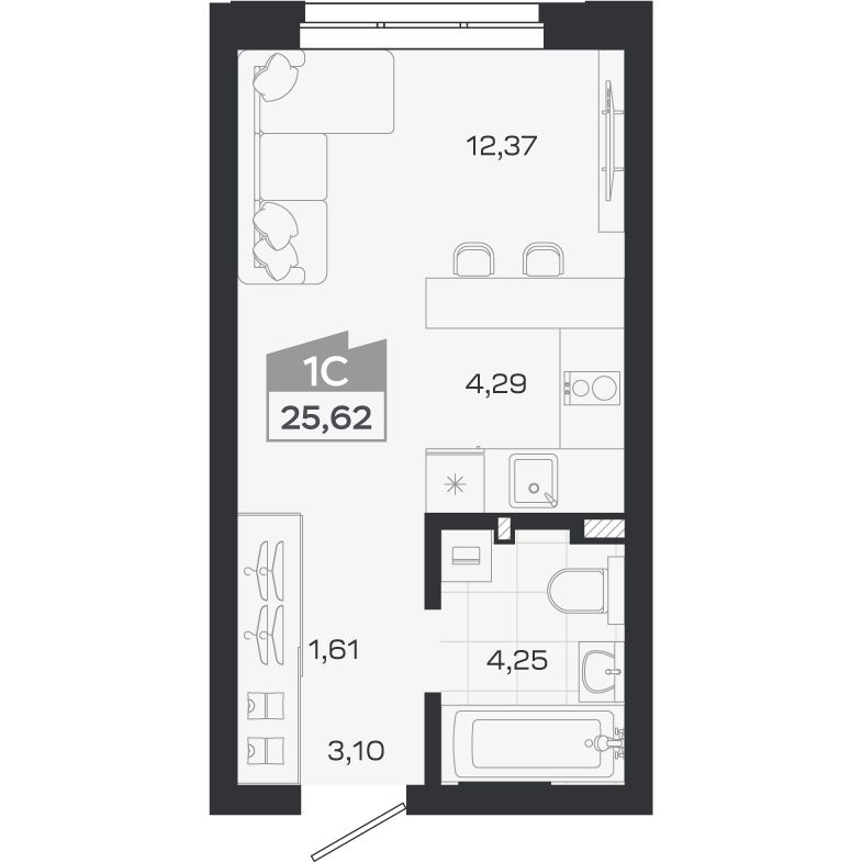 Планировка: Студия, 25,62 м²