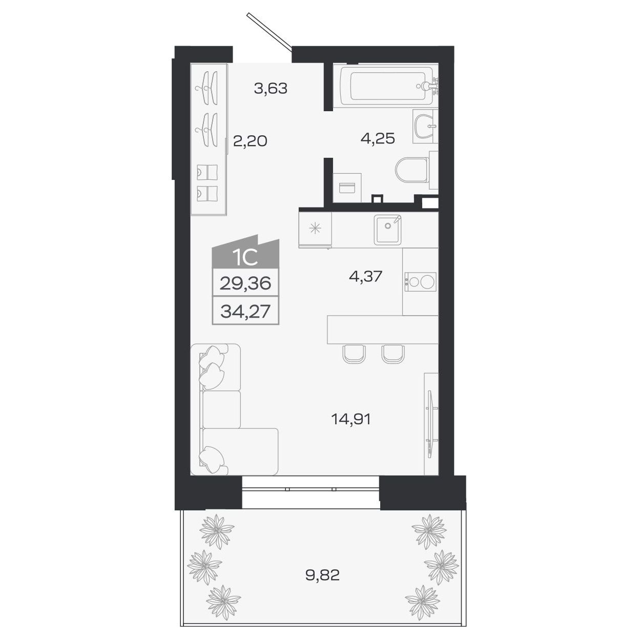 Планировка: Евро-1, 29,36 м²