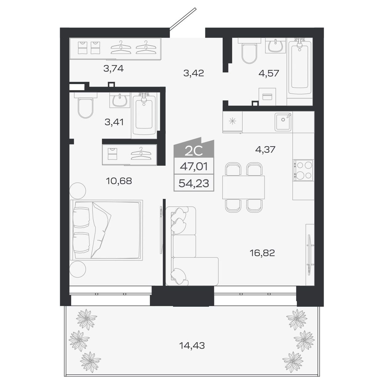 Планировка: Евро-2, 47,01 м²