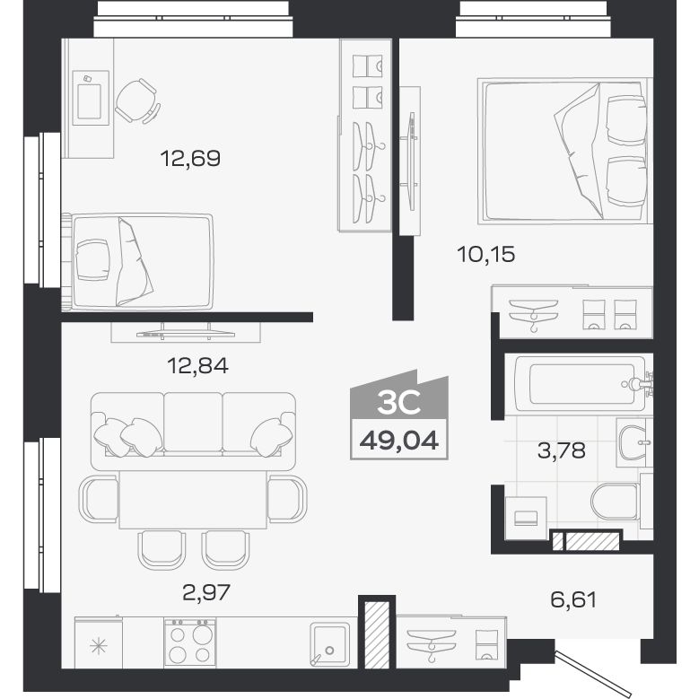Планировка: Евро-3, 49,04 м²