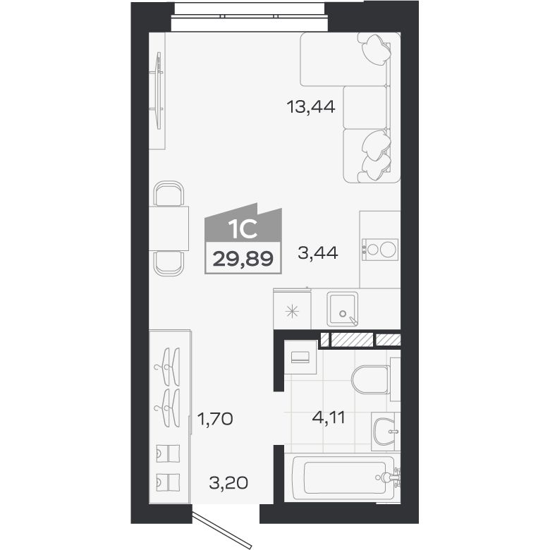 Планировка: Студия, 25,89 м²