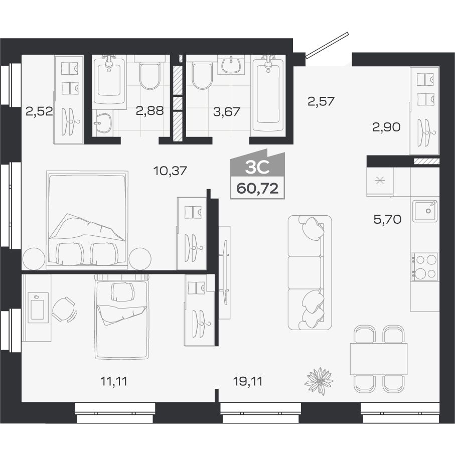 Планировка: Евро-3, 60,72 м²
