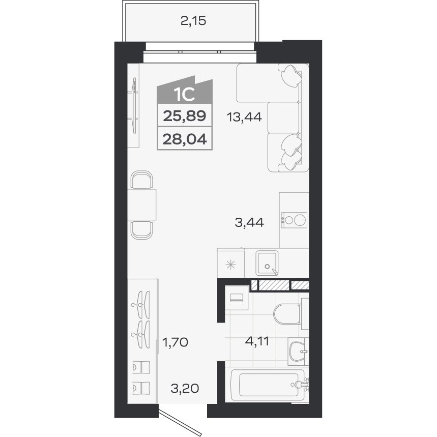 Планировка: Студия, 25,89 м²